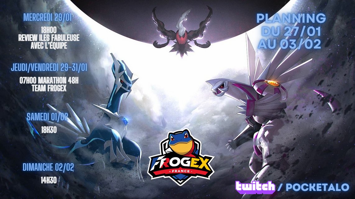 Voici le planning de stream de cette semaine d'extension, avec au programme un marathon 48h de stream <a href="/FrogEX_Team/">FrogEX</a> 
J'en dis pas trop sur le marathon, mais y'aura plein plein de copains et on va bien s'amuser !