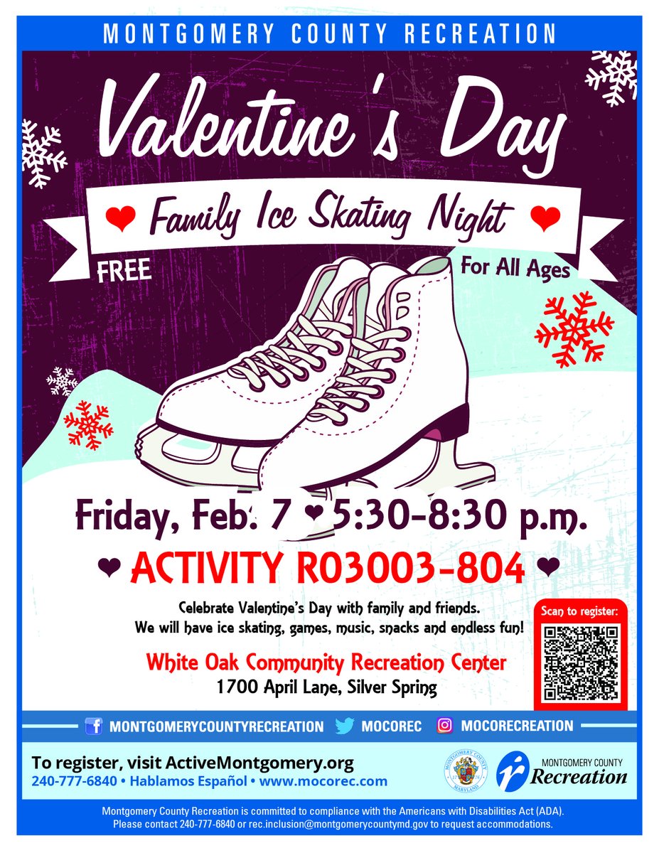 We have several fun holiday events coming up in February, including our Valentine's Day Family Ice Skating Night on Friday, Feb. 7 at White Oak Community Recreation Center, where you can enjoy ice skating, music, games and more! ⛸️

Register ➡️ ow.ly/69O250UOSfP. #MoCoRec