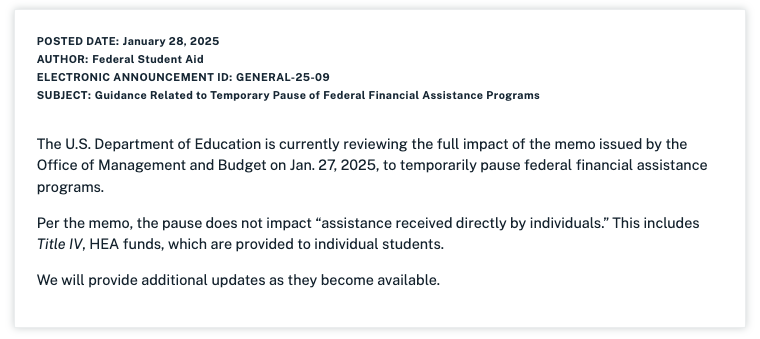NASFAA (@nasfaa) on Twitter photo The <a href="/usedgov/">U.S. Department of Education</a> released their Electronic Announcement (EA) confirming that "per the memo, the pause does not impact 'assistance received directly by individuals.' This includes Title IV, HEA funds, which are provided to individual students." fsapartners.ed.gov/knowledge-cent⦠The <a href="/usedgov/">U.S. Department of Education</a> released their Electronic Announcement (EA) confirming that "per the memo, the pause does not impact 'assistance received directly by individuals.' This includes Title IV, HEA funds, which are provided to individual students." fsapartners.ed.gov/knowledge-centā¦
