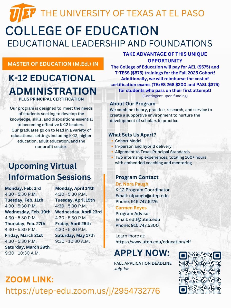 Considering a Master’s of Educational Leadership w/ principal certification? Join in on one of many upcoming online information sessions. The EDLF 30 hour MED can help you further your educational leadership journey.