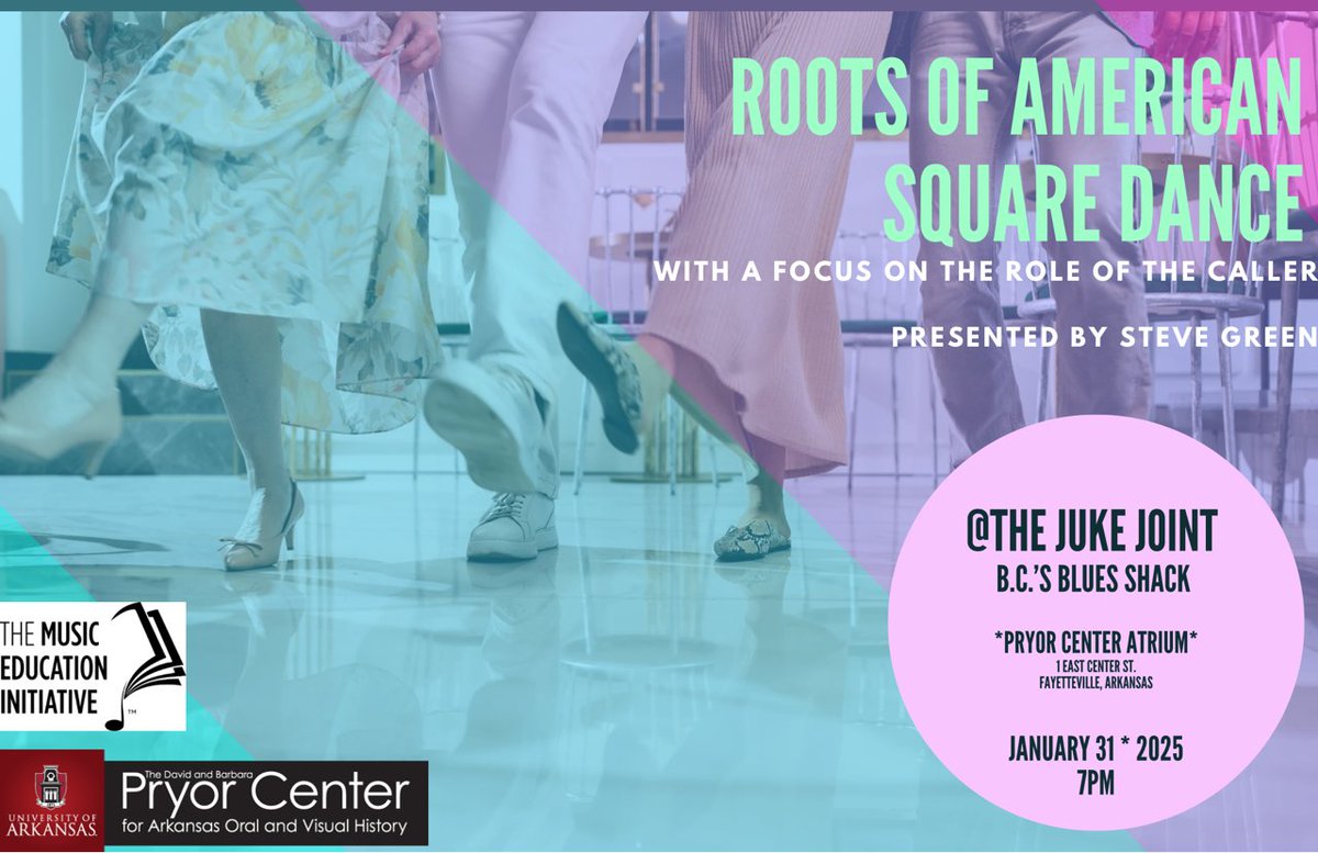What do you know about square dancing? Find out and learn more Friday at the Juke Joint in the Pryor Center atrium! Come see the multi-media presentation "Roots of American Square Dance" with Steve Green and enjoy live music, demonstrations, and history. See you at 7 p, Jan. 31!