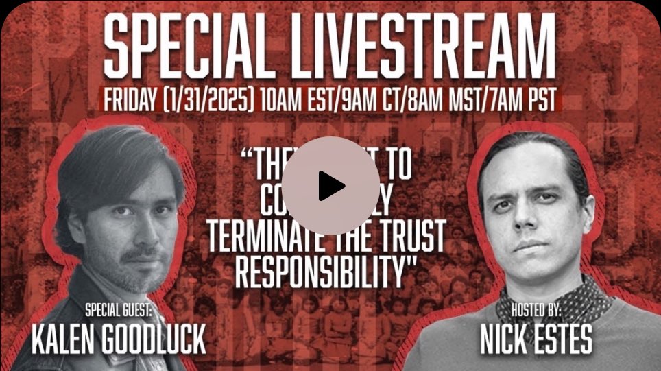 Kalen Goodluck (@kalengoodluck) on Twitter photo LIVESTREAM: I’ll be joining <a href="/nickwestes/">Nick Estes</a> on the <a href="/The_Red_Nation/">The Red Nation #TheRedDeal</a> pod and YouTube livestream to talk about reporting on Trump’s ongoing assault on tribal sovereignty and Indian rights via Project 2025
Join this Fri. 10am EST/8am MST
youtube.com/live/J0OhY6fUI… LIVESTREAM: I’ll be joining <a href="/nickwestes/">Nick Estes</a> on the <a href="/The_Red_Nation/">The Red Nation #TheRedDeal</a> pod and YouTube livestream to talk about reporting on Trump’s ongoing assault on tribal sovereignty and Indian rights via Project 2025
Join this Fri. 10am EST/8am MST
youtube.com/live/J0OhY6fUI…