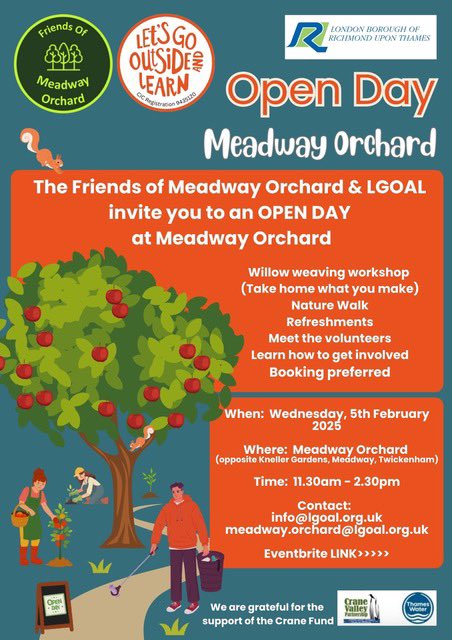 Crane Valley Partnership (@cvp_cranevalley) on Twitter photo Open Day at Meadway Orchard (Twickenham) on Wednesday 5th February 2025, 11.30 am - 2.30pm.
Reserve your place at this free event here:
bit.ly/4hRU9Z9
<a href="/LetOutside/">Let's Go Outside & Learn</a> <a href="/FriendsRivCrane/">FORCE</a> <a href="/habsandheritage/">Habitats & Heritage</a> <a href="/LBRUT/">Richmond Council</a> <a href="/twickerati/">twickenham tweets</a> Open Day at Meadway Orchard (Twickenham) on Wednesday 5th February 2025, 11.30 am - 2.30pm.
Reserve your place at this free event here:
bit.ly/4hRU9Z9
<a href="/LetOutside/">Let's Go Outside & Learn</a> <a href="/FriendsRivCrane/">FORCE</a> <a href="/habsandheritage/">Habitats & Heritage</a> <a href="/LBRUT/">Richmond Council</a> <a href="/twickerati/">twickenham tweets</a>