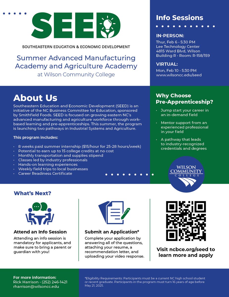 Wilson Comm College (@wccwilsonnc) on Twitter photo Join us at LTC Thursday, February 6 or online Mon, Feb 10 for an info session about the SEED Summer Advanced Manufacturing Academy & Agriculture Academy. Visit wilsoncc.edu/seed/ for more information or contact Rick Harrison at 252-246-1421 or rharrison@wilsoncc.edu. Join us at LTC Thursday, February 6 or online Mon, Feb 10 for an info session about the SEED Summer Advanced Manufacturing Academy & Agriculture Academy. Visit wilsoncc.edu/seed/ for more information or contact Rick Harrison at 252-246-1421 or rharrison@wilsoncc.edu.