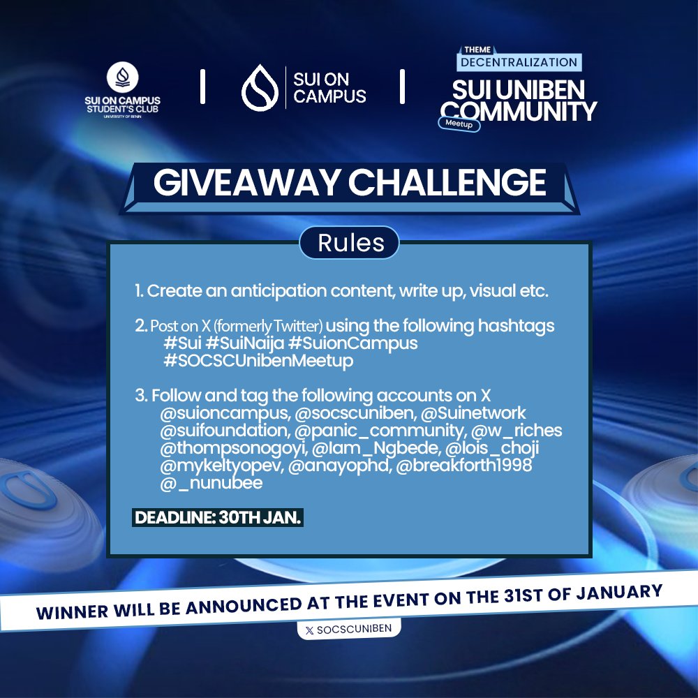 socscuniben's tweet photo. 🚨 GIVEAWAY 🚨

In anticipation for the Meetup, we are hosting a giveaway.

Follow the rules below to participate 👇 

Winners would be announced on the 31st!

🕜Time is ticking 
Let's see those beautiful entries!!
#SuiNaija #SOCSCUnibenMeetup #SuiNaija https://t.co/yxrFk6MX0m