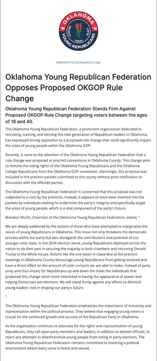 OKYROfficial's tweet photo. The OKYRs strongly oppose the rule change proposed by a small sect within our party to remove ours and the OK College Republicans delegates from voting at the OKGOP Convention. For our full statement click here: https://t.co/4xFg0kFmZY https://t.co/ZeXlMfLySL