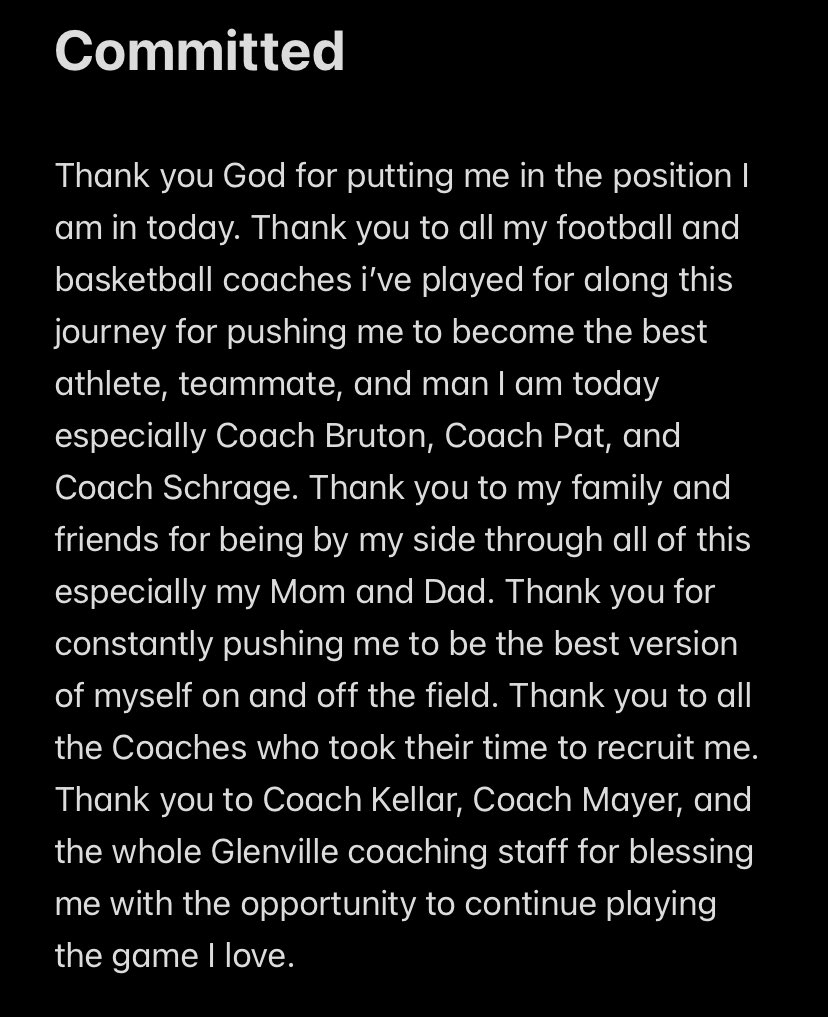 greg davidson (@gregdavidson42) on Twitter photo Extremely excited to announce my commitment to Glenville State University!💙🤍
<a href="/coach_kellar/">Mike Kellar</a> <a href="/Coach_Mayer/">JJ Mayer</a> <a href="/GlenvilleStFB/">Glenville State Football</a>
<a href="/CoachBruton/">Daniel Bruton</a> <a href="/coachpatterson1/">Matthew Patterson</a> @NickSchrage38 <a href="/GainesvilleFoo1/">Gainesville Football</a> Extremely excited to announce my commitment to Glenville State University!💙🤍
<a href="/coach_kellar/">Mike Kellar</a> <a href="/Coach_Mayer/">JJ Mayer</a> <a href="/GlenvilleStFB/">Glenville State Football</a>
<a href="/CoachBruton/">Daniel Bruton</a> <a href="/coachpatterson1/">Matthew Patterson</a> @NickSchrage38 <a href="/GainesvilleFoo1/">Gainesville Football</a>