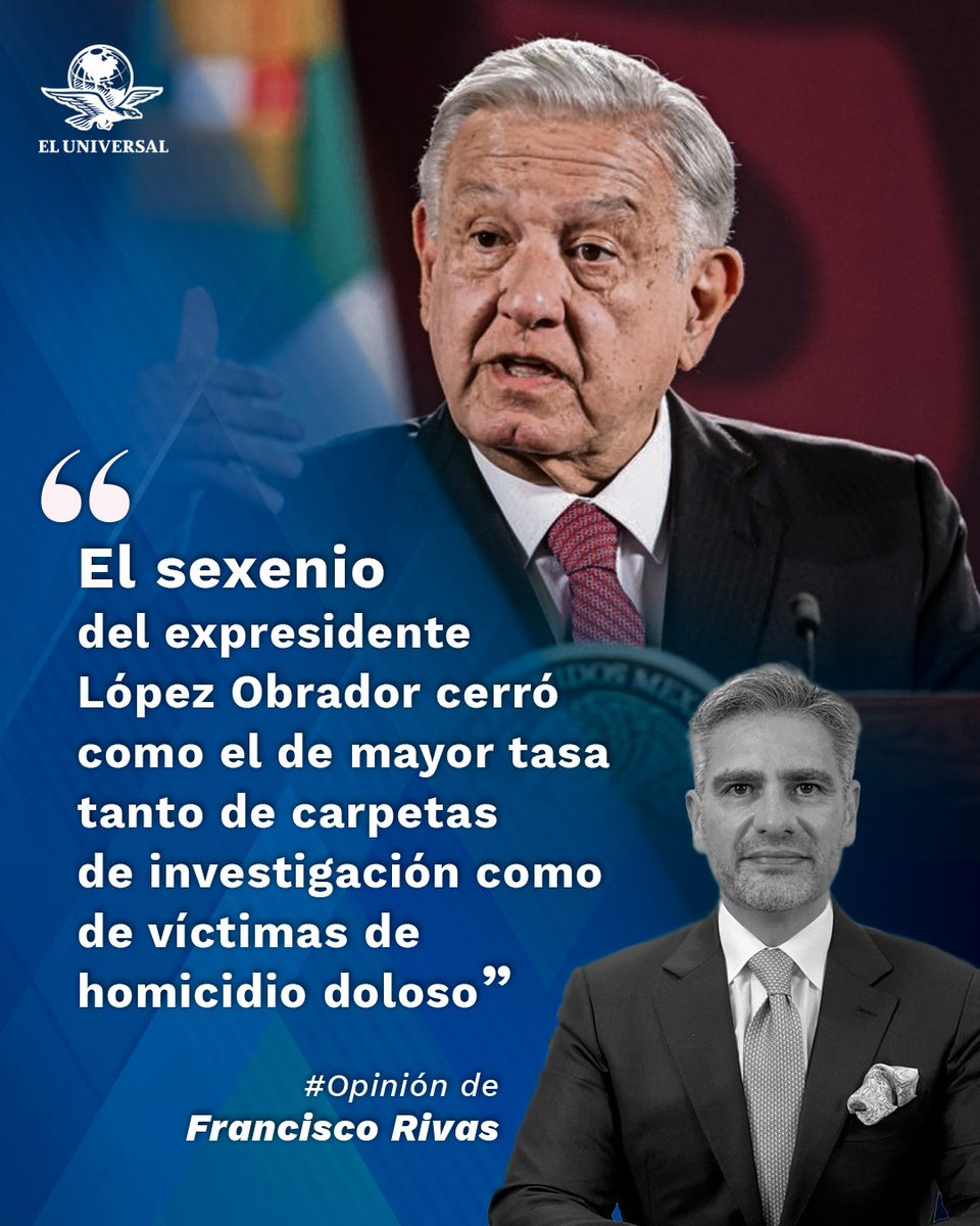 El_Universal_Mx's tweet photo. "Si comparamos los datos sexenales desde que se tienen registros, el sexenio de Fox cerró con una tasa total de 71.03 averiguaciones previas por homicidio doloso, el de Calderón con 90.26 carpetas de investigación, el de Peña 102.37 y el de López con 128.03". #Opinión de @frarivasCoL ✍️

👉https://t.co/vXgXF85Muj