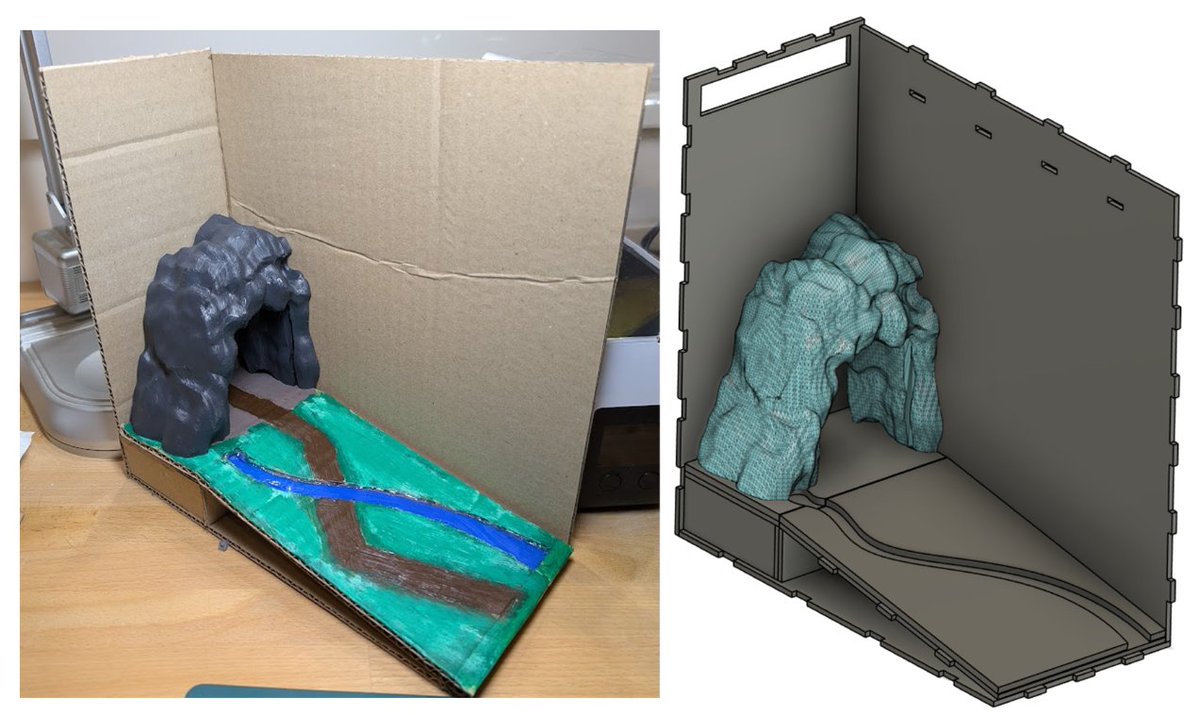Working on a #BookNook. Just turned my first cardboard prototype into a laser-cutter ready design (not all parts shown). Cave entrance designed in Blender and 3D-printed. Much more decoration and paint to come, once the laser-cut parts are done.