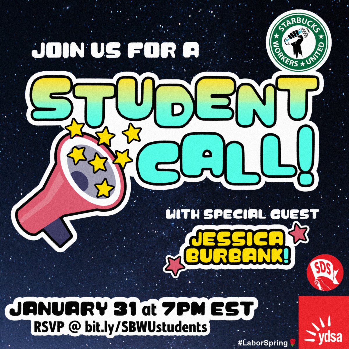 If you're a college student inspired by today's acts of strength and solidarity, sign up for our upcoming Student Call on January 31st @ 7pm EST!

We'll be discussing some exciting updates with <a href="/YDSA_/">YDSA</a> , <a href="/NewSDS/">National SDS</a> , #LaborSpring🌹, and <a href="/JessicaLBurbank/">Jessica (Ka) Burbank</a> ! ✊

bit.ly/SBWUstudents
