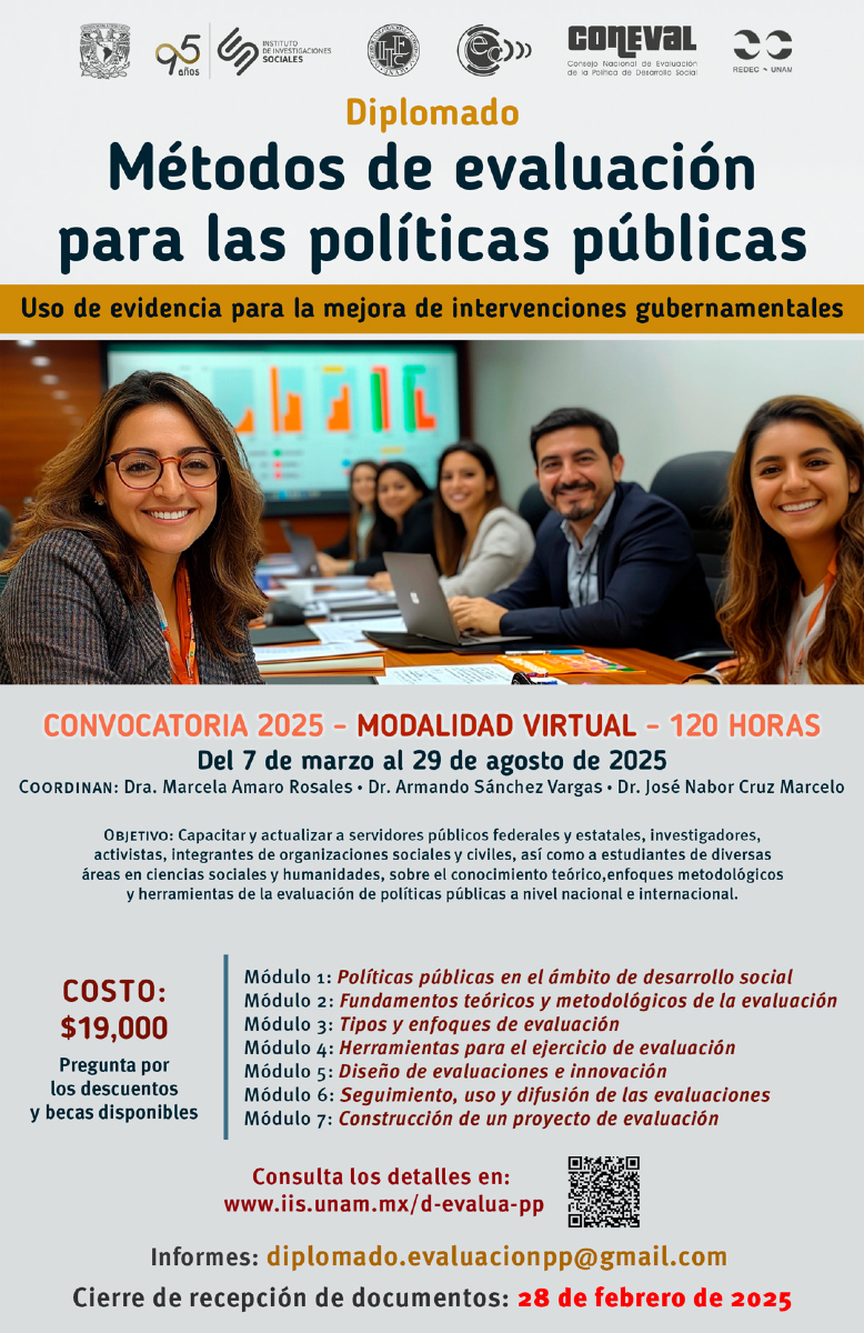 IISUNAM's tweet photo. 📣 Convocatoria 2025 
 🦋 Diplomado Métodos de evaluación para las políticas públicas. Uso de evidencia para la mejora de intervenciones gubernamentales
 📆 Del 7 de marzo al 29 de agosto de 2025
⚠️ Fecha límite para recepción de documentos: 28 de febrero de 2025
 👇Consulta la convocatoria: https://t.co/egBLmZLMMk