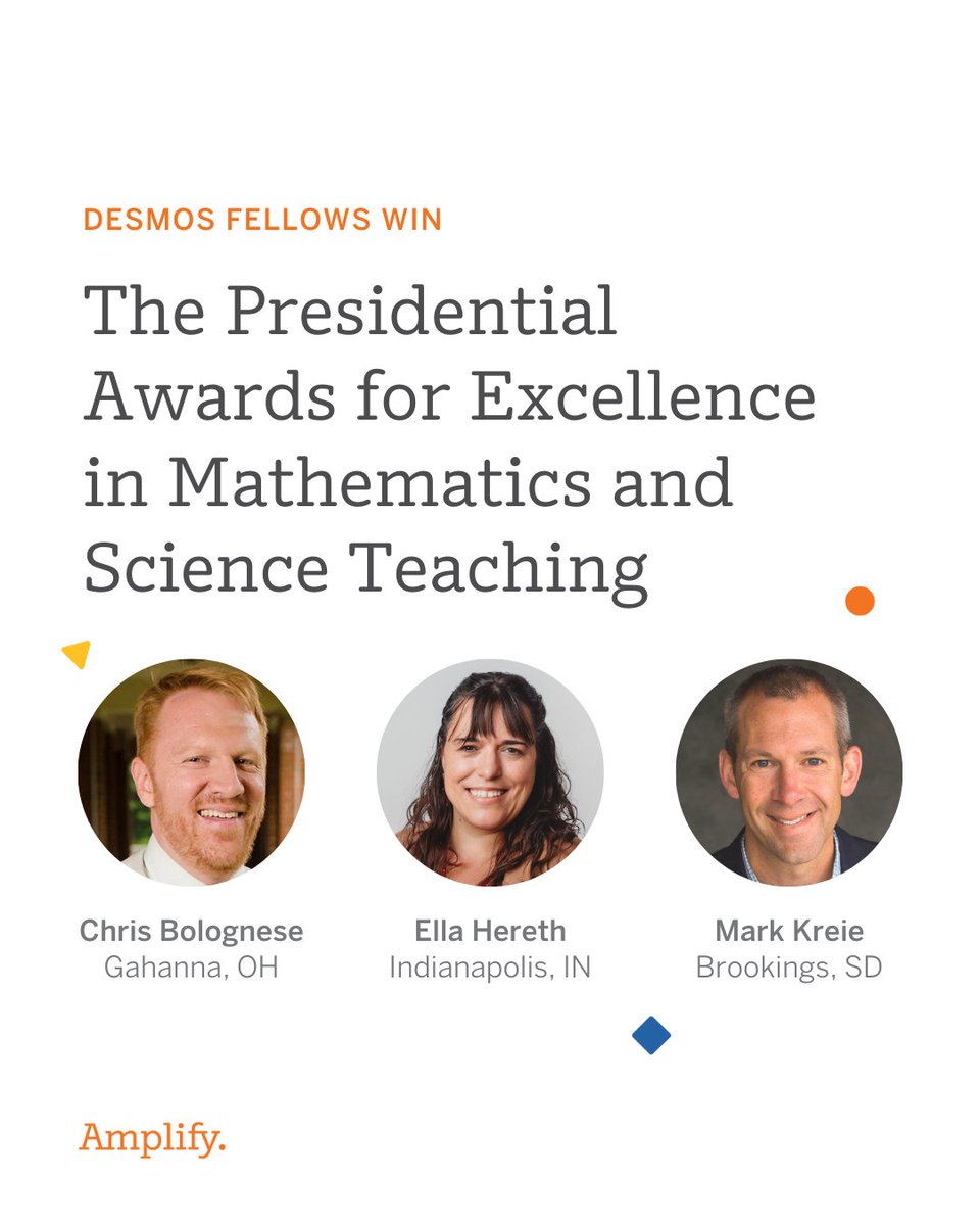 🧡 Congratulations to our Desmos Fellows, Chris Bolognese, Ella Hereth, and Mark Kreie, for winning the Presidential Awards for Excellence in Mathematics and Science Teaching. 

🌟 This award is the highest recognition that a K–12 STEM teacher may receive for outstanding teaching