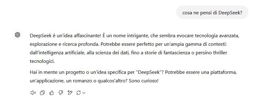 Ho chiesto a ChatGPT cosa pensasse di Deepseek. Questa è la sua risposta. Quando si dice non averli visti arrivare #AI #DeepSeek #OpenAI #ChatGPT