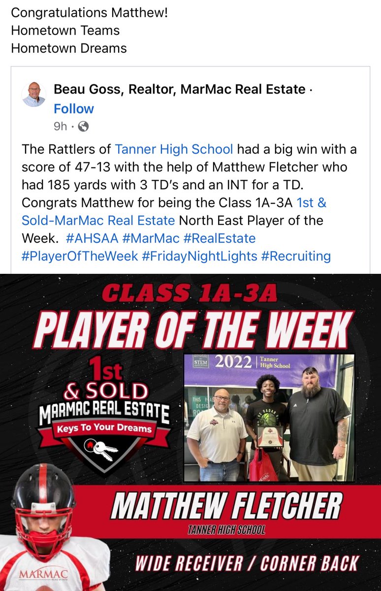 Matthew Fletcher (@mfletch05) on Twitter photo Blessed to have received Player of the week 8/27/2024
<a href="/MarMac_US/">MarMac Real Estate</a> <a href="/CoachSmithTHS/">Matt Smith</a> <a href="/D_Richardson_/">Dezmond Richardson</a> <a href="/THSfootball0/">Tanner High School Recruiting</a> <a href="/TannerHighAL/">Tanner High School</a> <a href="/2AFootball/">Alabama 2A Football</a> Blessed to have received Player of the week 8/27/2024
<a href="/MarMac_US/">MarMac Real Estate</a> <a href="/CoachSmithTHS/">Matt Smith</a> <a href="/D_Richardson_/">Dezmond Richardson</a> <a href="/THSfootball0/">Tanner High School Recruiting</a> <a href="/TannerHighAL/">Tanner High School</a> <a href="/2AFootball/">Alabama 2A Football</a>