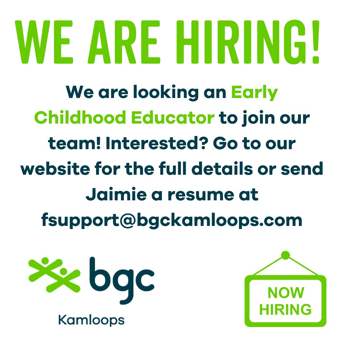We are looking for an Early Childhood Educator to join our team! Check out the full job description here bgckamloops.com/careers
for the full job description or email Jaimie at fsupport@bgckamloops.com

We look forward to hearing from you!