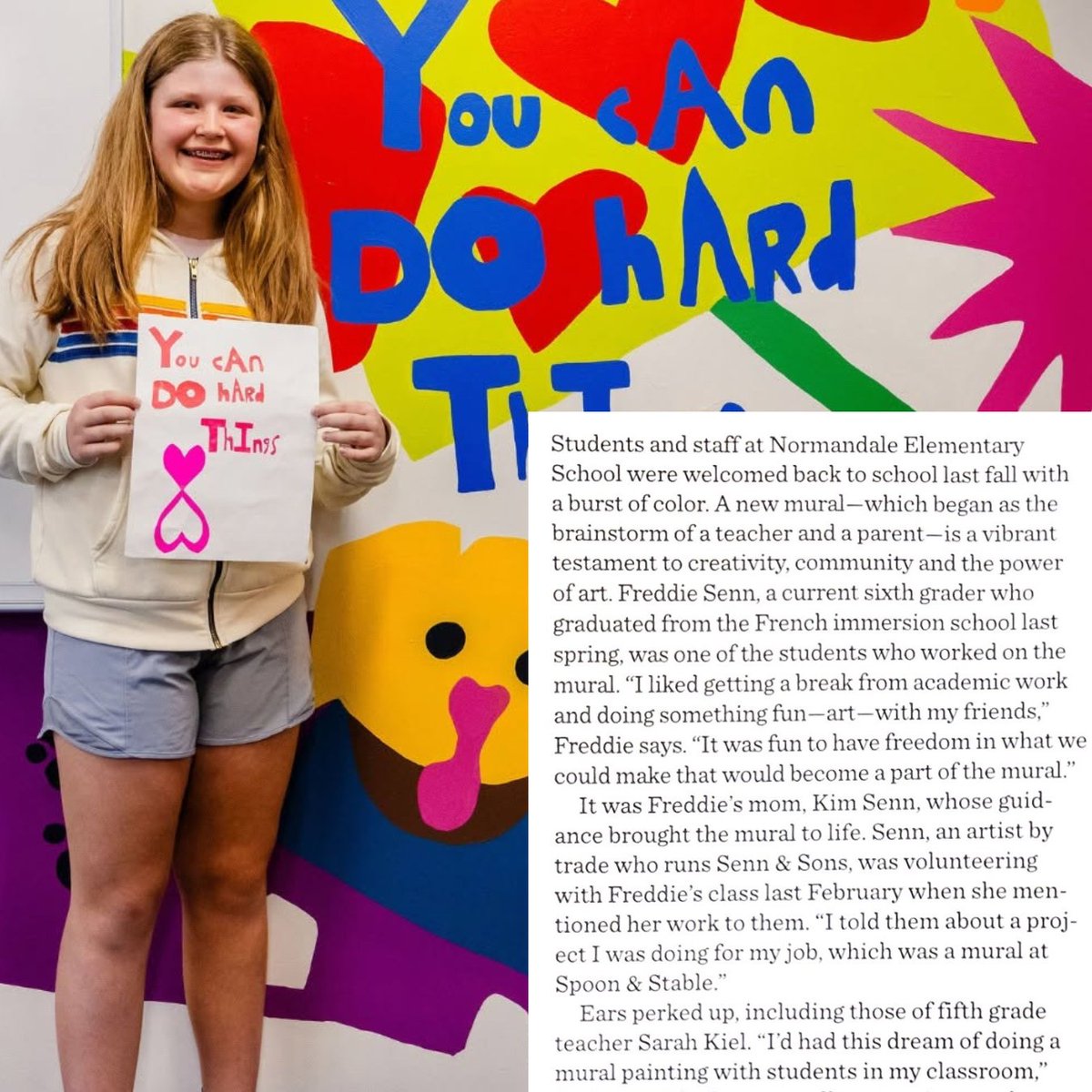 edinaschools's tweet photo. Have you spotted the Normandale Elementary mural in this month’s Edina Magazine? A huge thank-you to teacher Sarah Kiel, artist and parent Kim Senn, and our talented students for bringing creativity to the walls of Normandale. We’re so proud to see your work celebrated! https://t.co/81LByFLo79