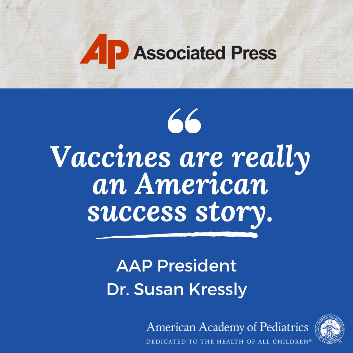American Academy of Pediatrics (@ameracadpeds) on Twitter photo In an interview with the <a href="/AP/">The Associated Press</a>, AAP President Dr. Susan Kressly said vaccination policy should focus on eliminating barriers instead of adding to it. Read the article at apnews.com/article/vaccin⦠In an interview with the <a href="/AP/">The Associated Press</a>, AAP President Dr. Susan Kressly said vaccination policy should focus on eliminating barriers instead of adding to it. Read the article at apnews.com/article/vaccinā¦