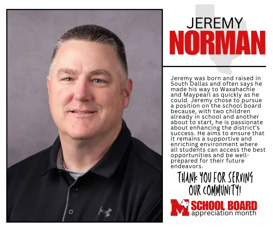 Throughout the month of January, Maypearl ISD will be highlighting our School Board members in honor of School Board Appreciation Month 

Thank you, Jeremy Norman, for your service to Maypearl ISD - our families and the community!
maypearlisd.org/view-all-news/…