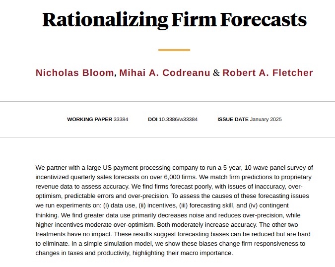 Firms struggle to forecast, often making over-optimistic inaccurate forecasts. Running a 5-year 6,000 firm experiment finds that simple data interventions can yield large improvements, from <a href="/I_Am_NickBloom/">Nick Bloom</a>, <a href="/m_codreanu/">Mihai Codreanu</a>, and Robert A. Fletcher nber.org/papers/w33384