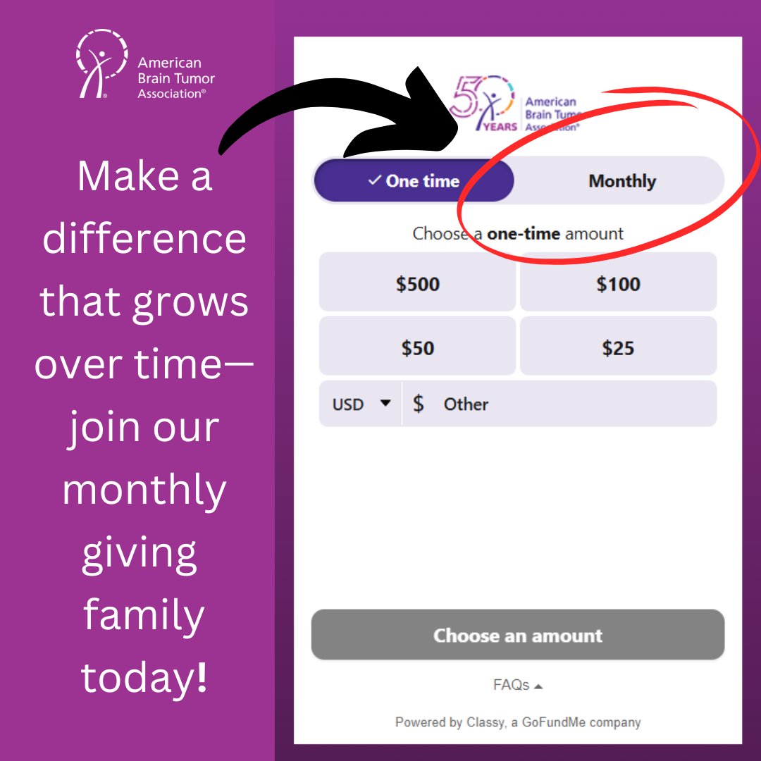 Big impact + small commitment. Become a monthly donor and support brain tumor patients. A small monthly donation goes a long way in supporting patients, caregivers, and groundbreaking research.

✨ Join us in doing some serious good:  give.abta.org/give/261975/#!…