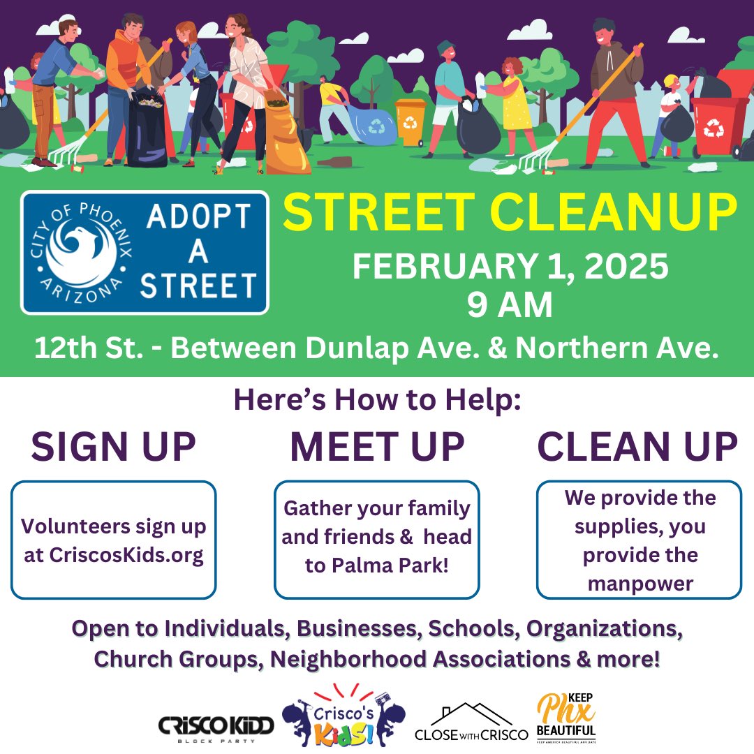 We need volunteers to help keep Phoenix clean this Saturday at 9a at Palma Park in East Sunnyslope.

Arrive by 8:30a &amp; park in the Palma Park parking lot. Please wear bright-colored clothing to be as visible as possible. Trash bags, gloves, &amp; pick-up tools provided.

Thank you!