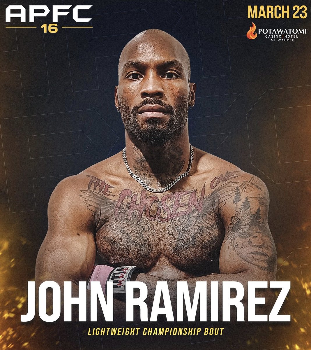 🚨 APFC 16 🚨 

APFC 16 title fights are SET!

• Vacant Middleweight Championship - Roland Dunlap (4-0-0, 1 NC) vs Dylan O'Sullivan (5-1-0)

• Lightweight Championship: Mark Choinski 🏆 (7-0-0) vs John Ramirez (7-7-0) 

🗓️ March 23rd 
📍 Milwaukee WI 

(Credit: APFC)