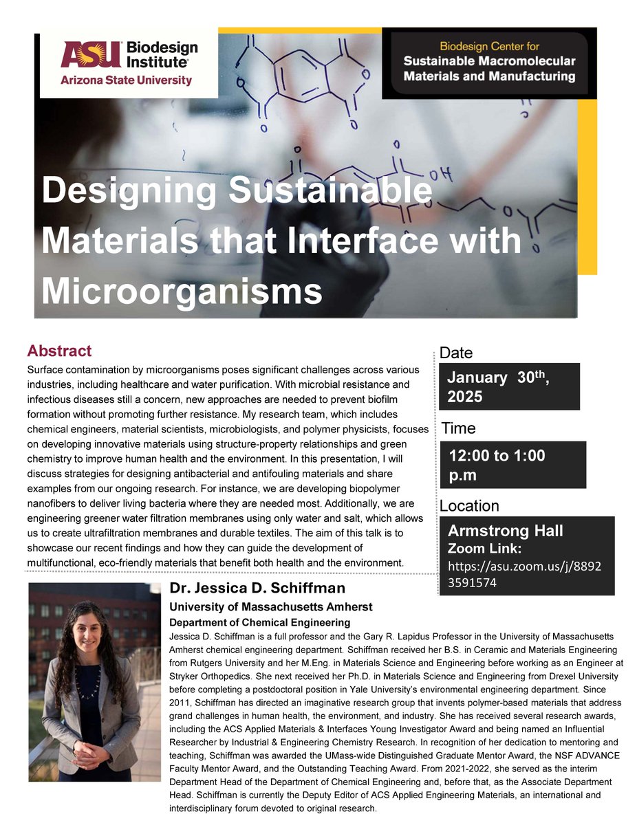 We are honored to welcome Dr. Jessica D. Schiffman from <a href="/UMassChemEng/">UMass Amherst Chemical Engineering</a>, this Thursday! Dr. Schiffman will be discussing "Designing Sustainable Materials that Interface with Microorganisms". Thanks to <a href="/syensqo/">Syensqo</a> for supporting this event!