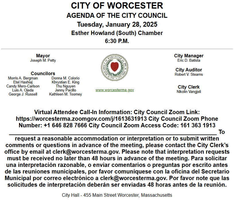 On the agenda for the Worcester City Council: ADU Ordinance, drone usage, police details, Institutional Master Plans, small business needs, Policies regarding immigrant population &amp; ICE EROs compliance, City Clerk's goals, and more: worcesterma.gov/agendas-minute… #WorcPoli
