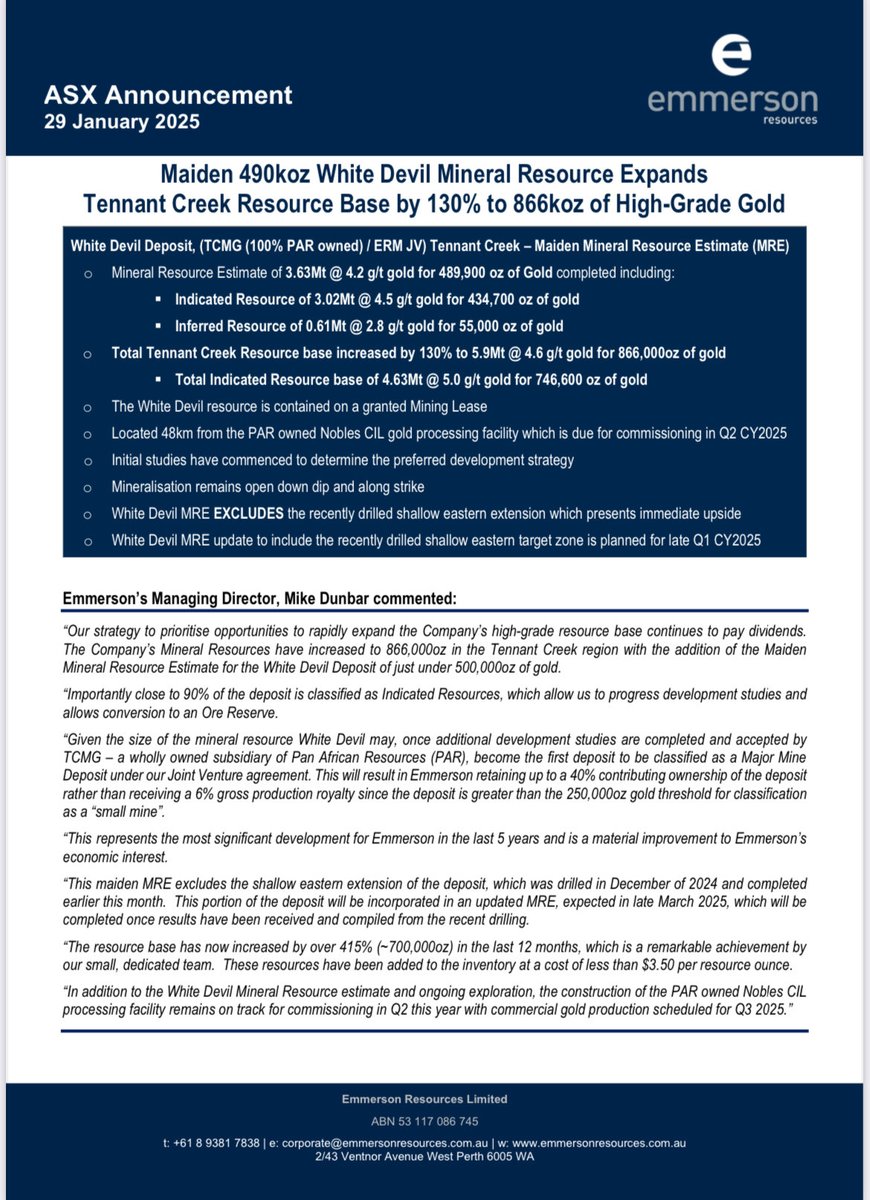 AlexSundich's tweet photo. ⁦@Emmerson_ERM⁩ $ERM announces maiden resource for its White Devil gold resource in Tennant Creek. Represents a 130% increase in the company’s gold resource base. #gold #mining #resource
Disclosure: speculative, I own, DYOR https://t.co/wNPQLlKHw9