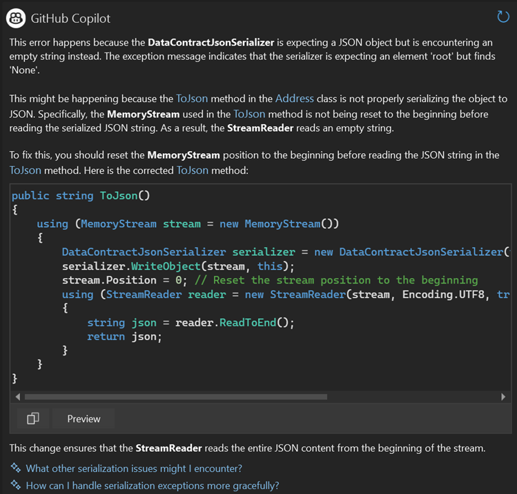 GitHub Copilot Exception Analysis and Variable Analysis now intelligently leverage your project context to identify and highlight relevant code contributing to errors.

Coming soon to Visual Studio...