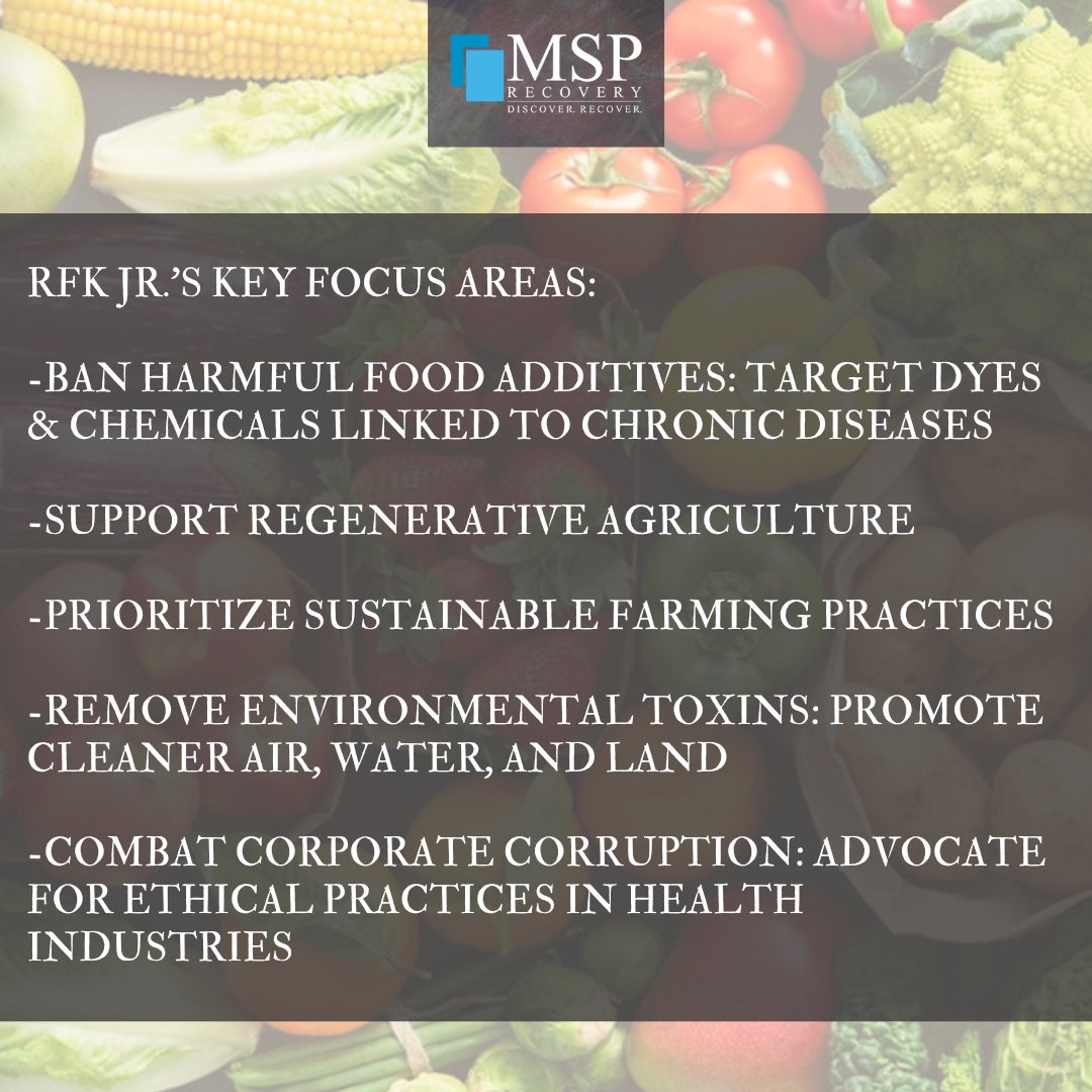 📅The confirmation hearing to consider Robert F. Kennedy Jr. as Secretary of Health and Human Services begins Wednesday, Jan. 29.

RFK Jr.'s Key Focus Areas:
-Ban Harmful Food Additives: Target dyes &amp; chemicals linked to chronic diseases
-Support Regenerative Agriculture