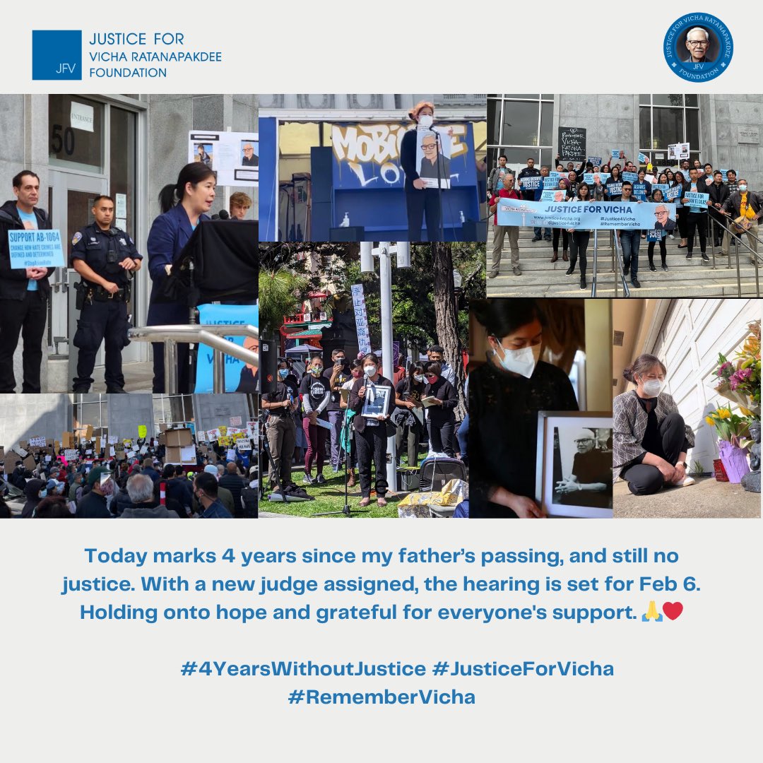ratanapakdee's tweet photo. On the4th anniversary of Vicha Ratanapakdee’s passing,we honor his memory and stand united against the ongoing rise of hate.His life inspires us to continue the fight for justice,courage,and compassion.Let’s work together for a better,kinder world.#JusticeForVicha #RememberVicha https://t.co/yZkaGpbbxK