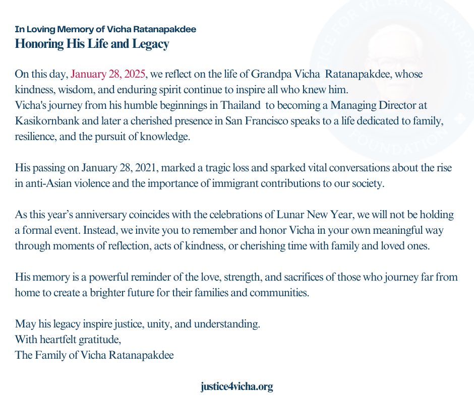 ratanapakdee's tweet photo. On the4th anniversary of Vicha Ratanapakdee’s passing,we honor his memory and stand united against the ongoing rise of hate.His life inspires us to continue the fight for justice,courage,and compassion.Let’s work together for a better,kinder world.#JusticeForVicha #RememberVicha https://t.co/yZkaGpbbxK