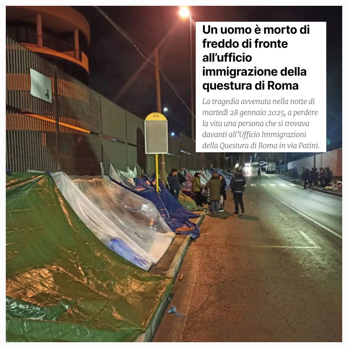 Roma, una città diventata disumana. Una scena che si ripete ogni notte, decine di disperati che fanno la fila al gelo. E la Questura, i cui uomini chiudono occhi e porte, oggi dirama un comunicato (ipocrita) di cordoglio. Vergogna!