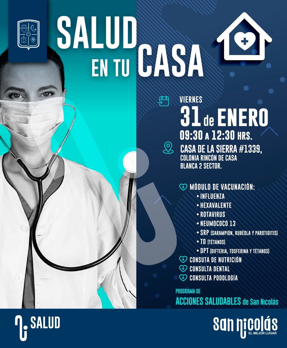Salud en tu Casa 🩺

➡️Acude este viernes 31 de enero de 9:30 am a 12:30 pm en 📍calle De La Sierra  #1339 Col. Rincónde Casa Blanca 2do sector.