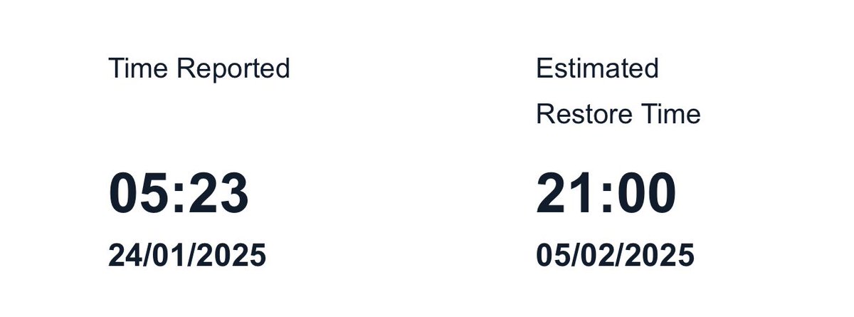 Update… No power until the 5th Feb! That will be 12 days. This is an absolute disgrace. I have 5 small children to care for. I can’t heat their home, make them hot food, make a bottle for the baby, wash their clothes. What are our government doing to help everyone who need their