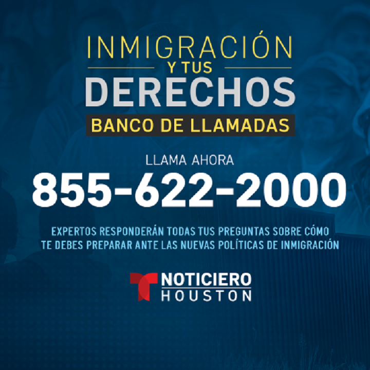 TelemundoHou's tweet image. Inmigración y tus Derechos: Banco de Llamadas
📞 Llama ahora: (855) 622-2000
Expertos responderan todas tus preguntas sobre como te debes preparar ante las nuevas politicas de Inmigración. 
Llame durante Noticiero #TelemundoHouston de 4p a 5p. ¡Trabajando para ti! #ElPoderEnTi