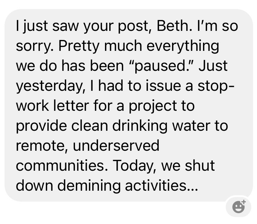 BethFolsom4's tweet photo. I posted about a work project being frozen under the OMB funding order, and I got this message from an old friend who works for the federal government. By “demining” they mean “removing land mines.” Let this sink in… https://t.co/1ClYAJwhm1