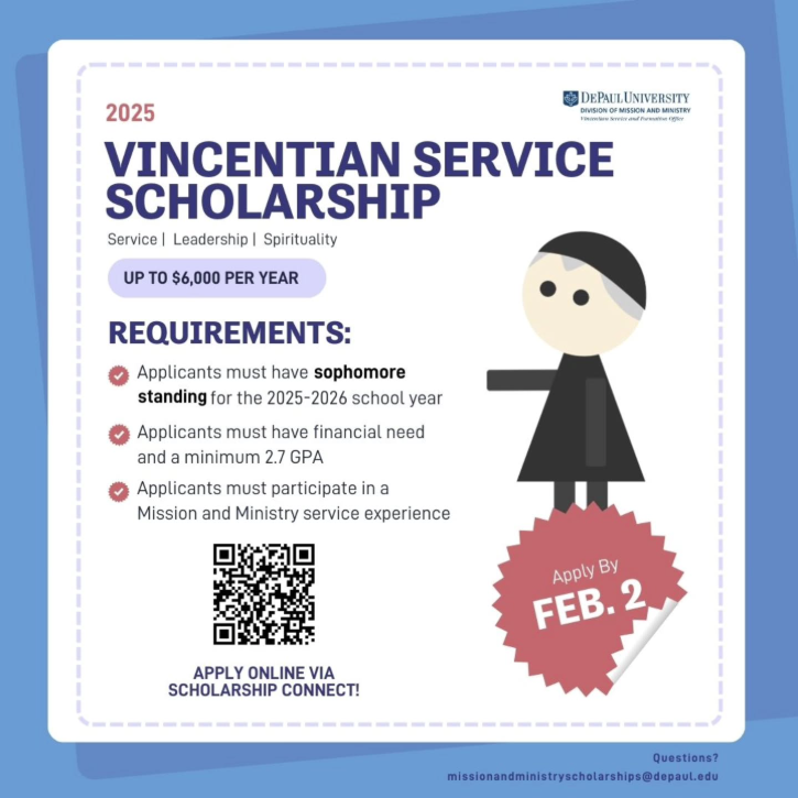 The Vincentian Service Scholarship is now accepting applications for the 2025-2026 academic year. Deadline to apply: February 2, 2025. 
🔗 Apply here: depaul.academicworks.com/opportunities/…