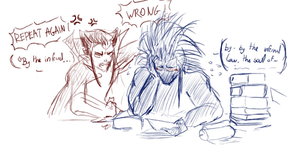 AlexLeartist's tweet photo. Since canonically Mephisto had teach Blackheart (and he knows about law). I imagine that they had a momento of "learning time/multiplication tables" but with infernal law. https://t.co/U6ea1C29ID