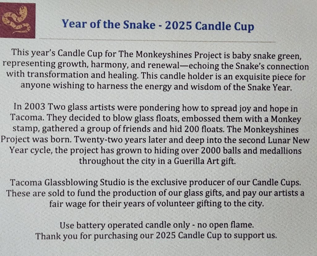 Looking4aShine's tweet photo. It's almost time for #monkeyshines2025 !!

Got our 2025 Year of the Snake Candlecup to commemorate another year of Gabe and I hunting for some glass. All while exploring the hidden gems of this city and picking up some trash. 🐍 https://t.co/0gxm344zWI