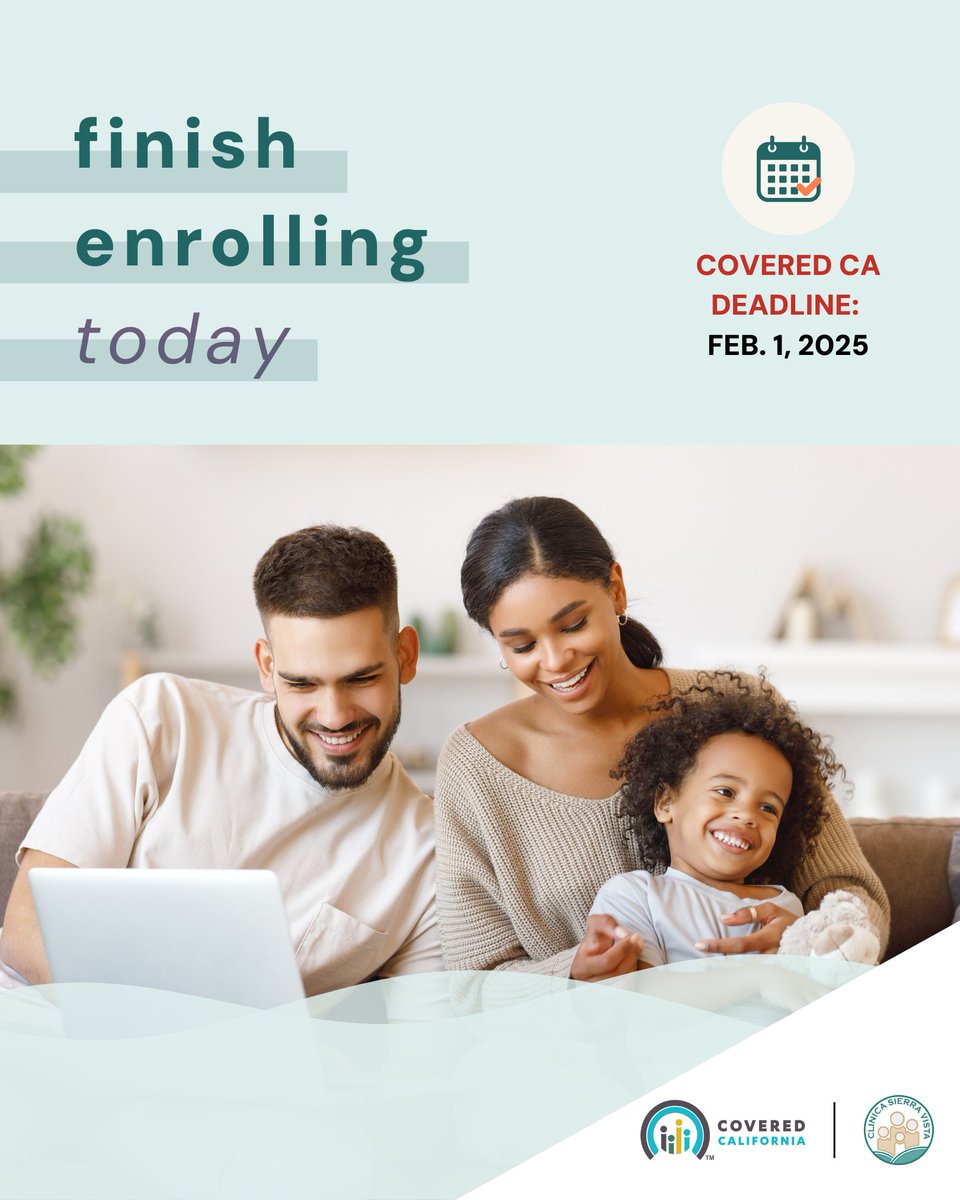 Clinica Sierra Vista (@clinica_1971) on Twitter photo 🚨 Final Call! 🚨
The clock is ticking! The open enrollment period for Covered California ends on February 1.
âś… Call our enrollment specialists to start!
📲 KERN COUNTY - (661) 328-4245
📲 FRESNO COUNTY - (855) 867-7216
<a href="/CoveredCA/">Covered California</a> #CoveredCA 🚨 Final Call! 🚨
The clock is ticking! The open enrollment period for Covered California ends on February 1.
âś… Call our enrollment specialists to start!
📲 KERN COUNTY - (661) 328-4245
📲 FRESNO COUNTY - (855) 867-7216
<a href="/CoveredCA/">Covered California</a> #CoveredCA