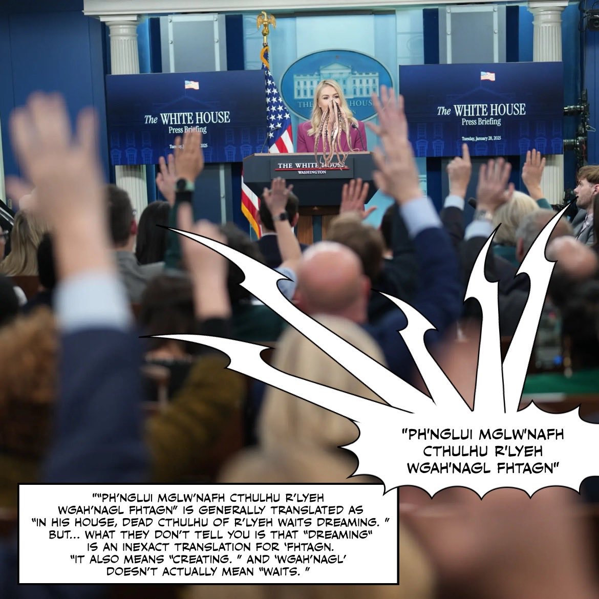 wqueens7's tweet image. The well heeled &amp;amp; most preferred Caucasians 
Nibble around the wheel of hardened cheese
Treating Americans ǝʞıן they’re agents
Who need to go about &amp;amp; begging “please”
#HeadlinePoem 
#comicpoem 
#Cthulhu 
#hplovecraft 
nytimes.com/live/2025/01/2…