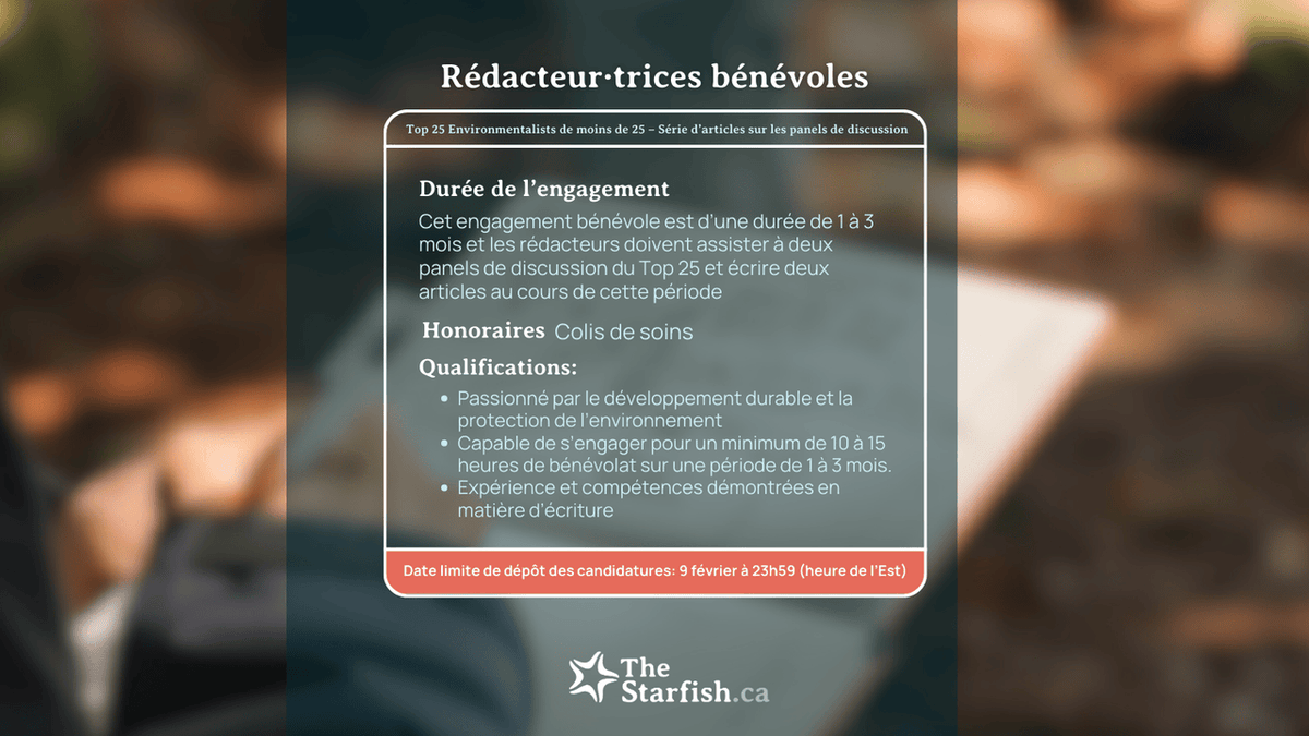 🌟 Nous recherchons des rédacteur·trice·s bénévoles! 🌿

Passionné·e par la durabilité? Rejoignez-nous pour mettre en lumière le Top 25 Environnementalistes de moins de 25 ans à travers notre série de panels!

📅 Postulez avant le 9 février
🔗 Détails : thestarfish.ca/jobs/writer-vo…