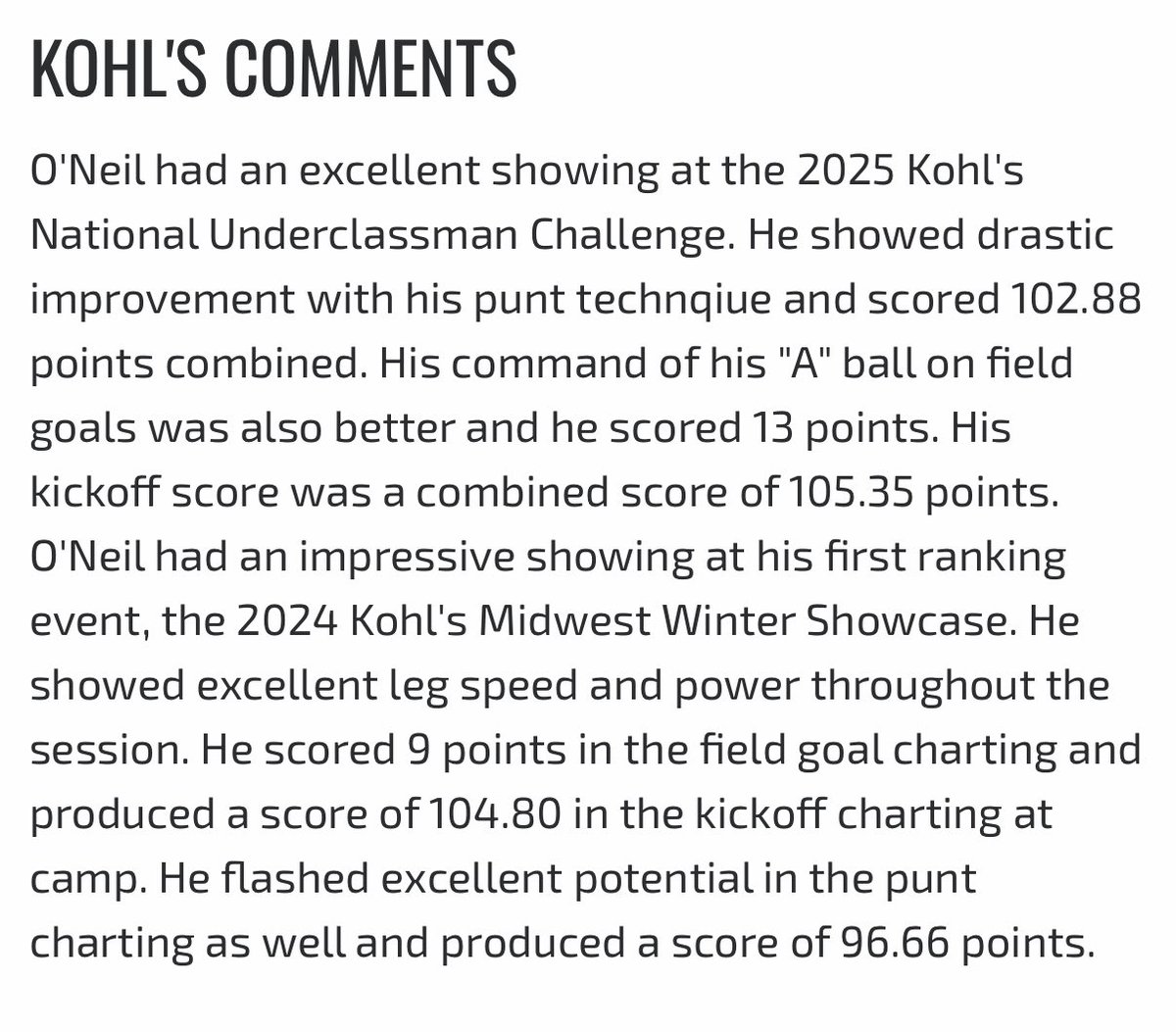 Sean O’Neil (@seanoneil792341) on Twitter photo Grateful to be a 4.5 ⭐️ kicker and punter through <a href="/KohlsKicking/">Kohl's Kicking Camps</a> and now the 42nd kicker and 24th punter in the nation!
<a href="/Hyner57/">Shane Hynes</a> <a href="/Legacy_Kicking/">Legacy Kicking</a> <a href="/Shaynegraham17/">Shayne Graham</a> <a href="/Coach__Zimm/">Zach Zimmerman</a> <a href="/AlmontRaidersFB/">Almont Football</a> Grateful to be a 4.5 ⭐️ kicker and punter through <a href="/KohlsKicking/">Kohl's Kicking Camps</a> and now the 42nd kicker and 24th punter in the nation!
<a href="/Hyner57/">Shane Hynes</a> <a href="/Legacy_Kicking/">Legacy Kicking</a> <a href="/Shaynegraham17/">Shayne Graham</a> <a href="/Coach__Zimm/">Zach Zimmerman</a> <a href="/AlmontRaidersFB/">Almont Football</a>