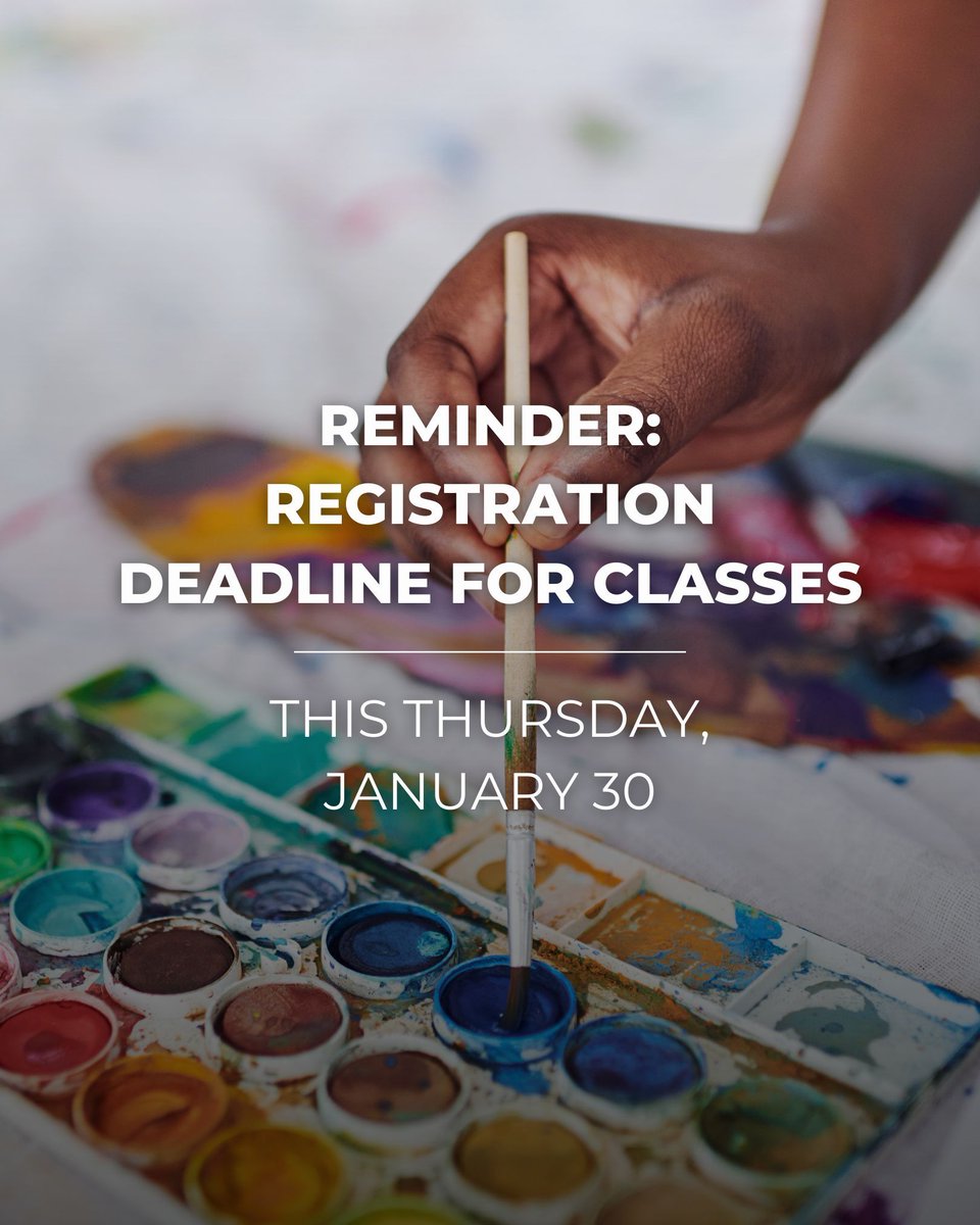⏰ Don't miss your chance--registration for Spring Session I classes ends THIS Thursday, January 30th!

We offer 6-week classes for painting, drawing, ceramics, photography, crochet, and MORE for preschoolers, youths, teens, and adults.

Visit buff.ly/3PRGsgL to register!
