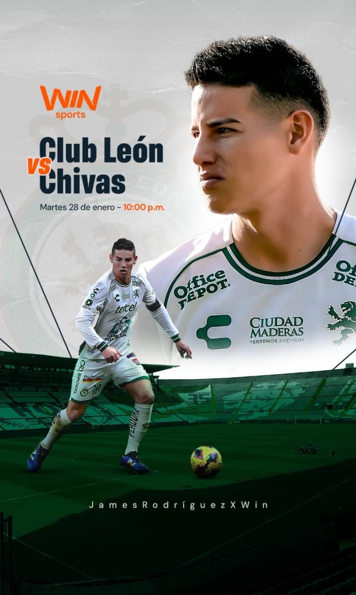 JJ Miranda (@jjmiranda15) on Twitter photo James Rodríguez con <a href="/clubleonfc/">Club León</a> esta noche en la pantalla de Win Sports... 10 pm vs Chivas Rayadas de Guadalajara.
<a href="/WinSportsTV/">Win Sports</a>
<a href="/jamesdrodriguez/">James Rodríguez</a> James Rodríguez con <a href="/clubleonfc/">Club León</a> esta noche en la pantalla de Win Sports... 10 pm vs Chivas Rayadas de Guadalajara.
<a href="/WinSportsTV/">Win Sports</a>
<a href="/jamesdrodriguez/">James Rodríguez</a>