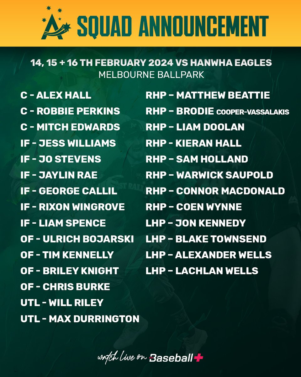 Our roster for our three-game series vs Hanwha Eagles has been revealed 🇦🇺

Read about it 📰: baseball.com.au/news/hanwha-an…