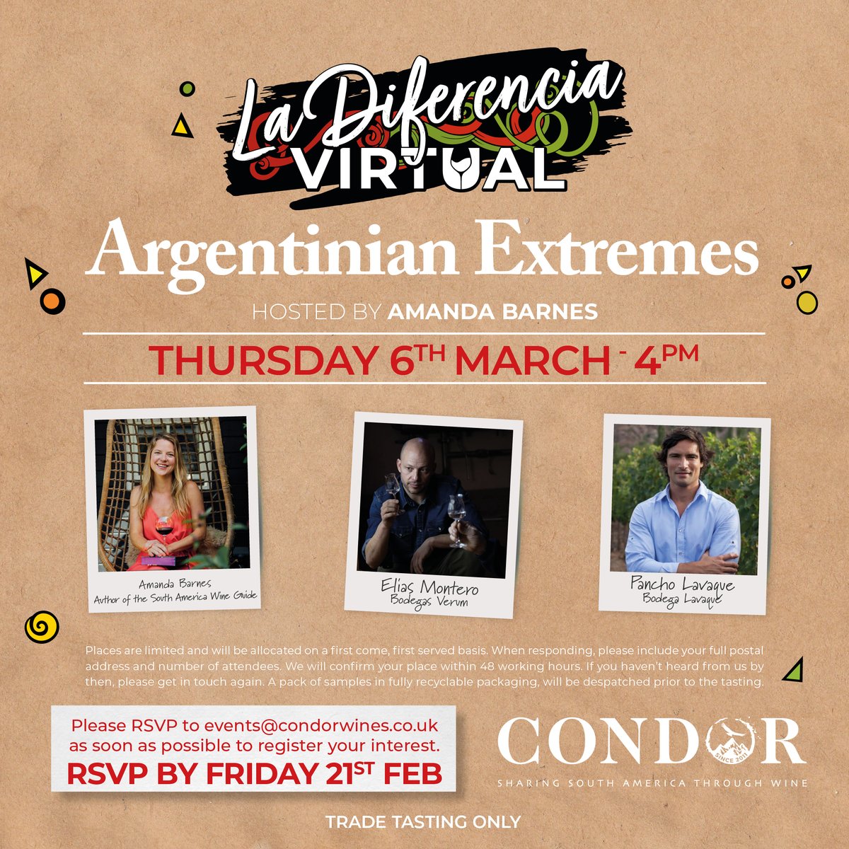 Condor Wines (@condor_wines) on Twitter photo 🔔 Book now for our 1st virtual tasting of 2025! 🔔
Explore the extreme terroirs of Argentine winemaking 🇦🇷 with <a href="/amanda_tweeter/">Amanda Barnes</a>
Meet and taste wines with Elias Montero of <a href="/verumbodegas/">Verum</a> in Patagonia and <a href="/PanchoLavaqueOK/">Francisco Lavaque</a> of
Bodega Lavaque in Salta.
Book your place asap 🔔 Book now for our 1st virtual tasting of 2025! 🔔
Explore the extreme terroirs of Argentine winemaking 🇦🇷 with <a href="/amanda_tweeter/">Amanda Barnes</a>
Meet and taste wines with Elias Montero of <a href="/verumbodegas/">Verum</a> in Patagonia and <a href="/PanchoLavaqueOK/">Francisco Lavaque</a> of
Bodega Lavaque in Salta.
Book your place asap