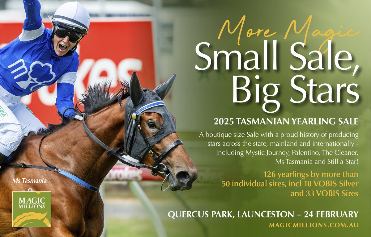 More Magic ✨

Small Sale, BIG Stars 🌟

2025 Tasmanian <a href="/mmsnippets/">Magic Millions</a> Yearling Sale - 24 February

magicmillions.com.au/calendar/2025-…